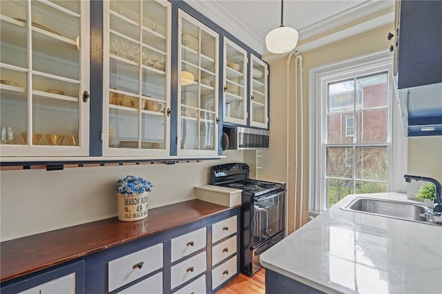 43 Old Beach Rd, Newport, RI 02840 - kitchen featuring electric range, stainless steel microwave, crown molding, a sink, and glass insert cabinets