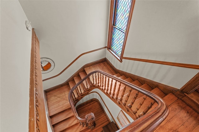 stairway with hardwood / wood-style floors