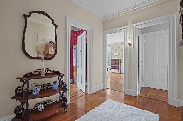 hall with parquet flooring and crown molding