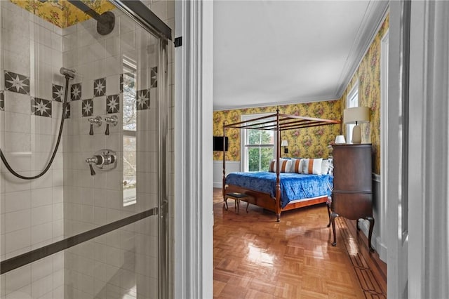 43 Old Beach Rd, Newport, RI 02840 - bedroom with wallpapered walls and crown molding