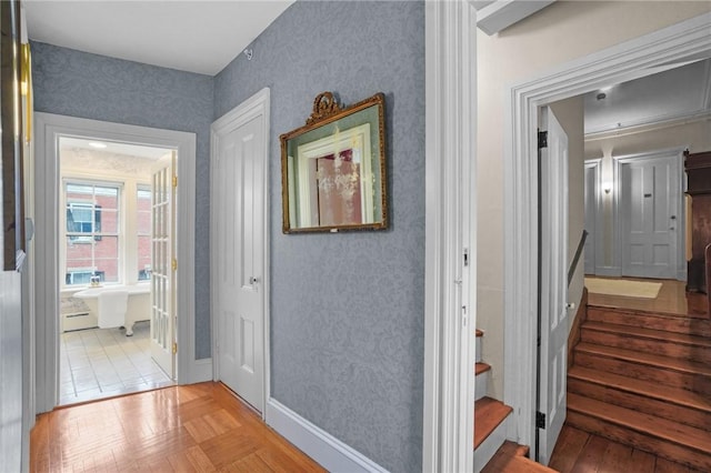43 Old Beach Rd, Newport, RI 02840 - corridor featuring wallpapered walls, wood-type flooring, and baseboards