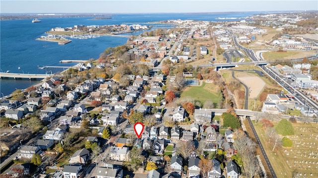 bird's eye view with a water view