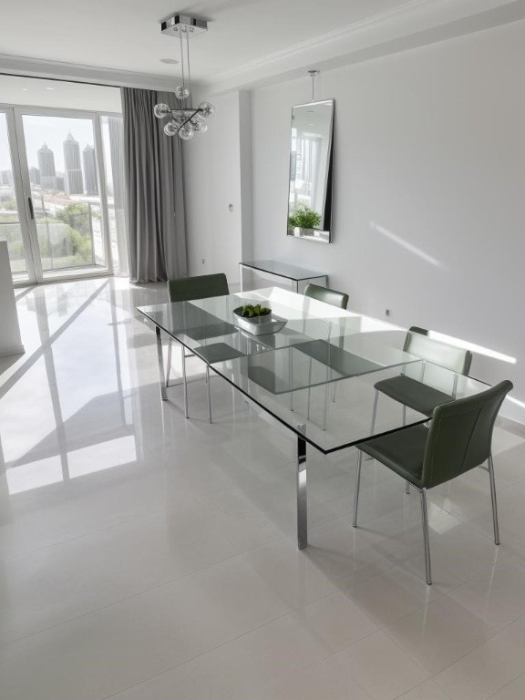 dining area with a chandelier, light tile patterned floors, a wealth of natural light, and floor to ceiling windows