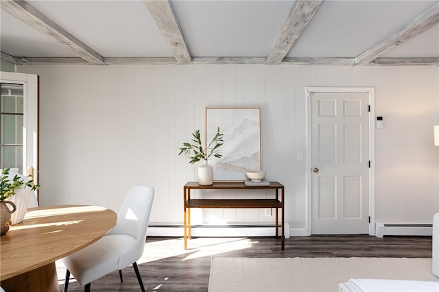 dining area featuring beamed ceiling, dark hardwood / wood-style floors, wooden walls, and a baseboard radiator