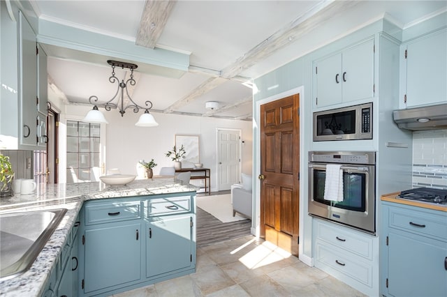 kitchen with light stone countertops, tasteful backsplash, stainless steel appliances, beam ceiling, and hanging light fixtures