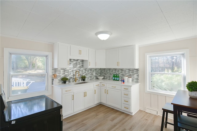 kitchen featuring crown molding, sink, light hardwood / wood-style flooring, decorative backsplash, and white cabinetry