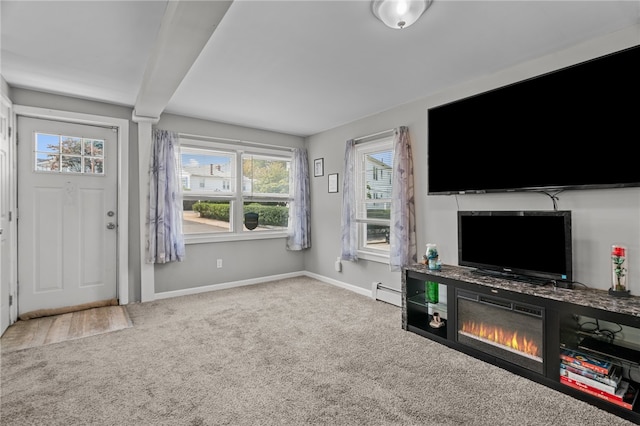 unfurnished living room with light carpet and a healthy amount of sunlight