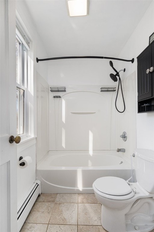 bathroom featuring baseboard heating, shower / washtub combination, and toilet