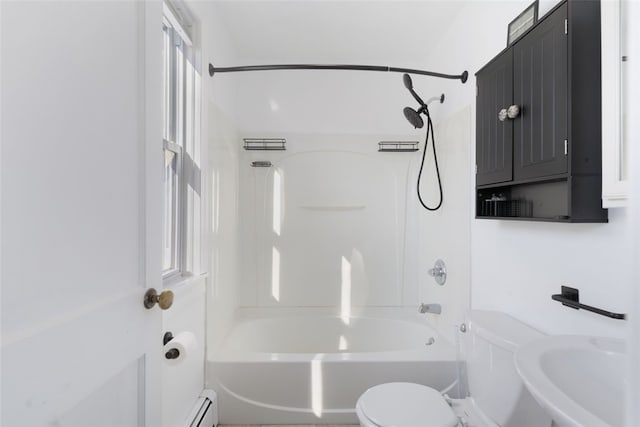 bathroom featuring shower / bathtub combination, toilet, and baseboard heating