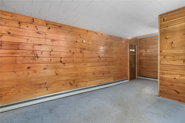 interior space with wood walls and a baseboard radiator