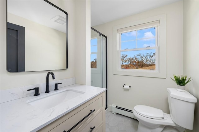 bathroom with toilet, baseboard heating, vanity, and a shower with door