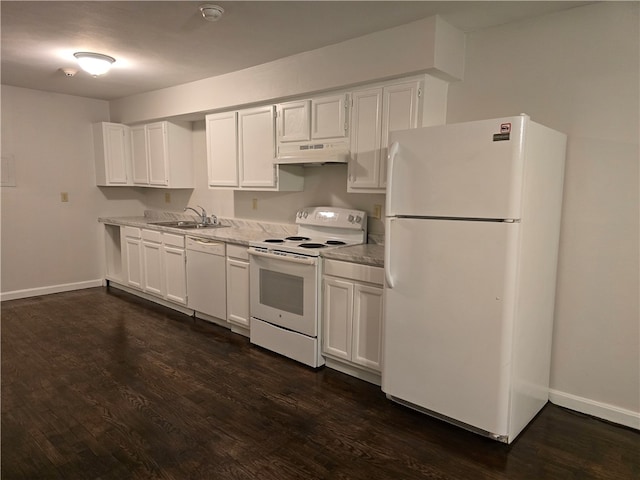 kitchen featuring white cabinets, sink, white appliances, and custom range hood