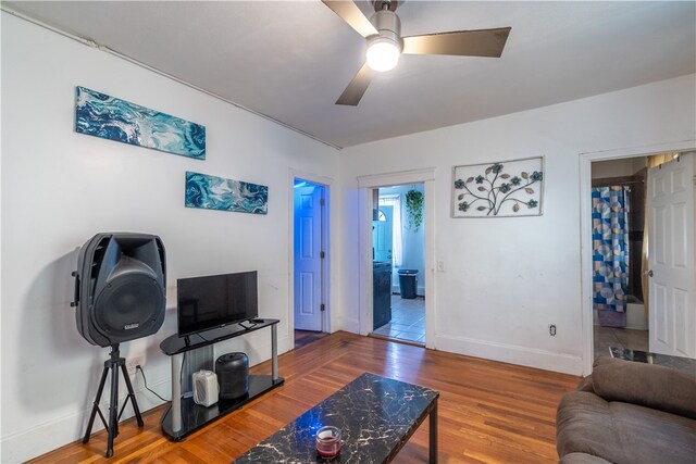 living room featuring ceiling fan and wood-type flooring