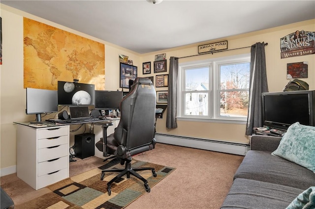 carpeted office featuring a baseboard heating unit