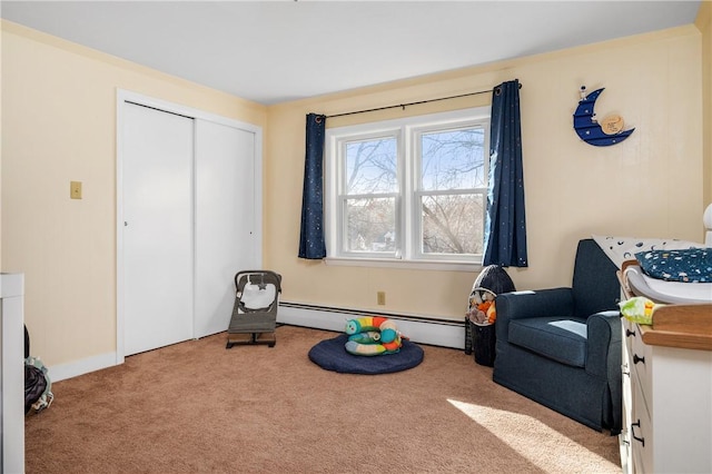 interior space with light colored carpet and a baseboard radiator