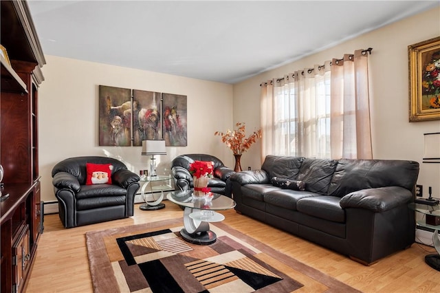 living room featuring a baseboard radiator and light hardwood / wood-style flooring