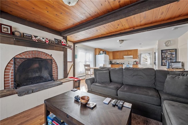 living room with light hardwood / wood-style floors, wooden ceiling, a fireplace, and baseboard heating