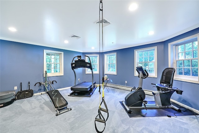 exercise area featuring ornamental molding, carpet floors, baseboard heating, and a healthy amount of sunlight