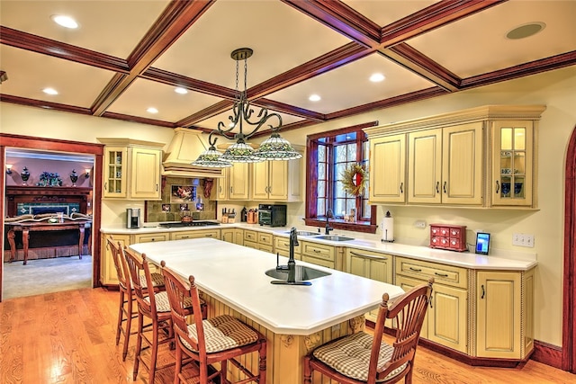 kitchen featuring sink, premium range hood, a breakfast bar, a center island with sink, and light wood-type flooring