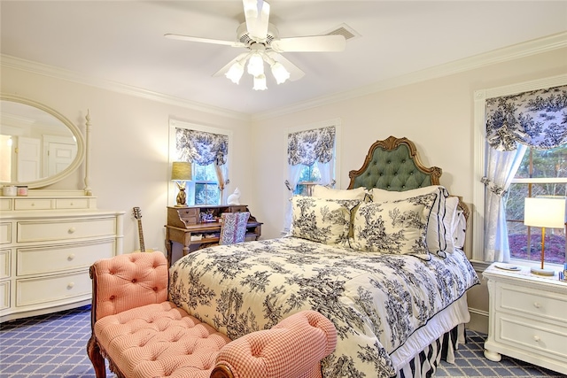 bedroom with multiple windows, ceiling fan, and ornamental molding