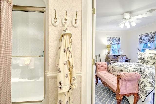 bathroom featuring ceiling fan and crown molding