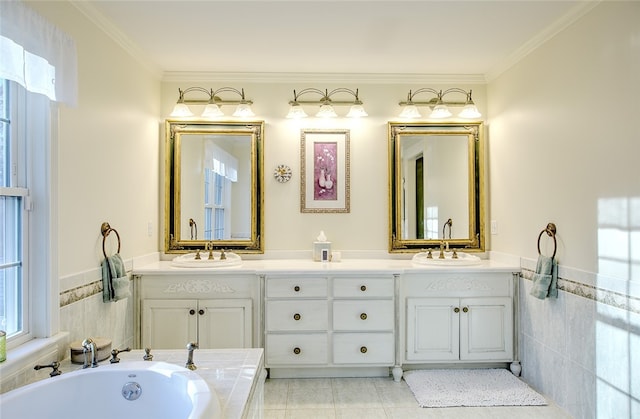 bathroom with tile patterned flooring, tile walls, and ornamental molding