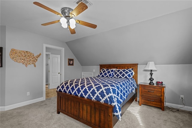 bedroom with carpet, ceiling fan, and lofted ceiling