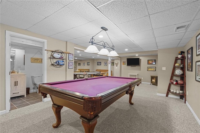 rec room featuring carpet flooring, a paneled ceiling, and billiards