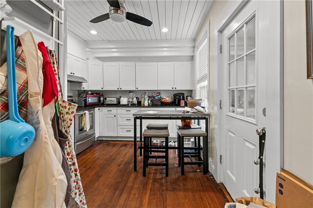 kitchen featuring dark hardwood / wood-style flooring, ceiling fan, electric stove, wooden ceiling, and white cabinets