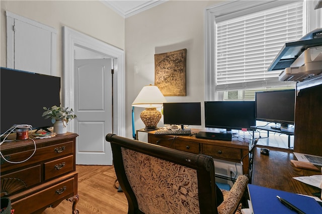 office space featuring light wood-type flooring and ornamental molding