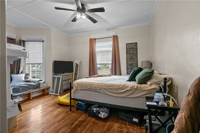 bedroom featuring multiple windows, wood-type flooring, ceiling fan, and crown molding