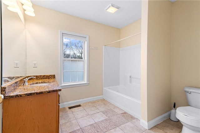 full bathroom with tile patterned floors, vanity, toilet, and shower / tub combination