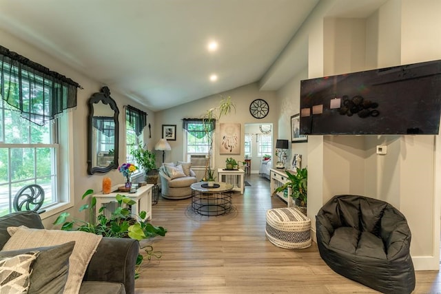 living room featuring hardwood / wood-style floors, plenty of natural light, and vaulted ceiling