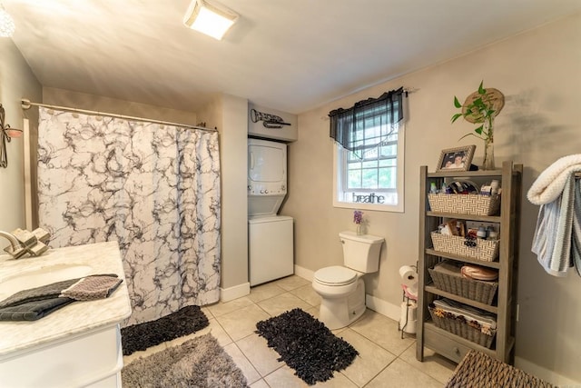 bathroom featuring stacked washing maching and dryer, a shower with curtain, tile patterned flooring, toilet, and vanity