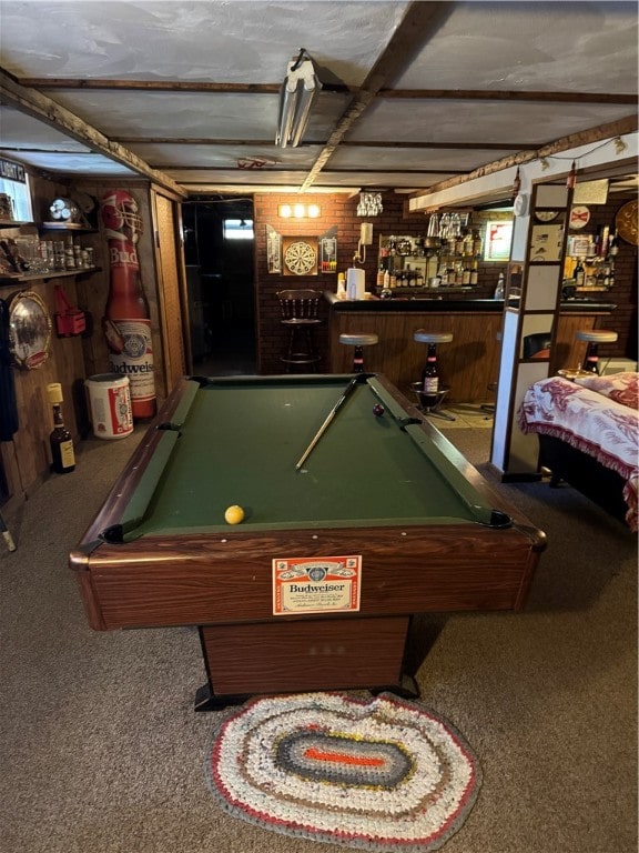 playroom featuring pool table, carpet flooring, and bar