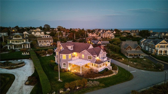 view of aerial view at dusk