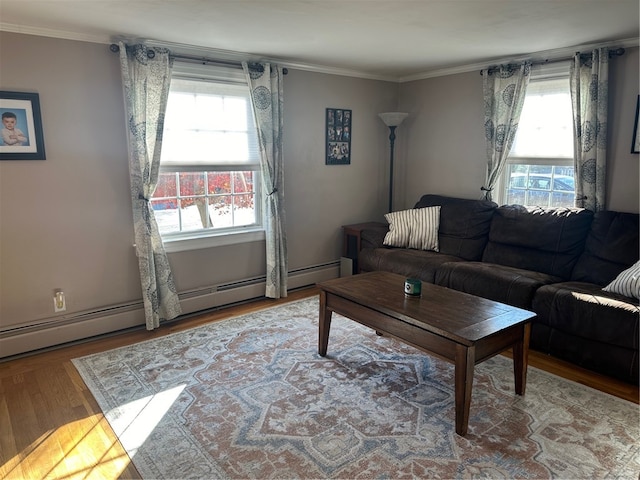 living room with wood-type flooring and ornamental molding