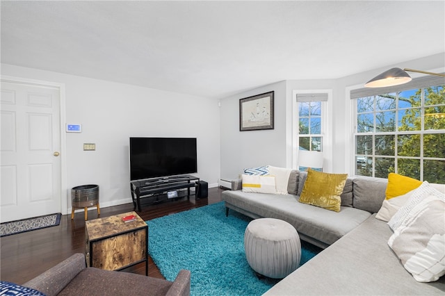 living room featuring dark hardwood / wood-style floors and a baseboard heating unit