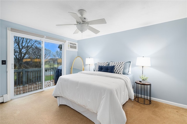 carpeted bedroom featuring access to exterior and ceiling fan