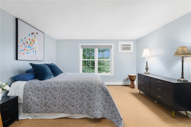 carpeted bedroom featuring a wall mounted AC and a baseboard radiator