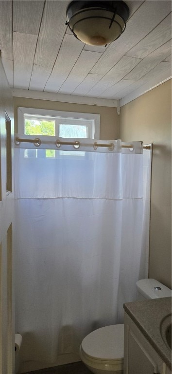 bathroom featuring vanity, toilet, walk in shower, and lofted ceiling