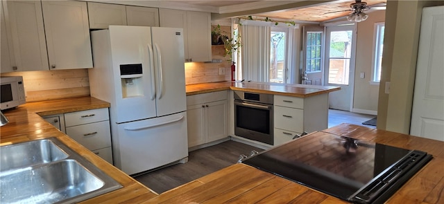 kitchen featuring wood counters, white appliances, kitchen peninsula, and white cabinets