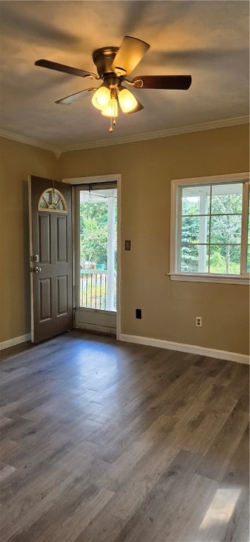 spare room with ceiling fan, ornamental molding, and dark wood-type flooring