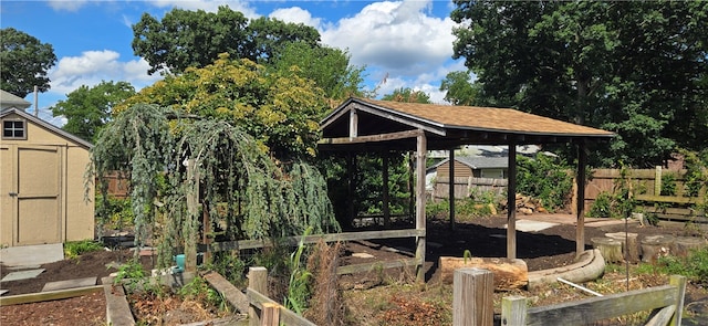 exterior space with a storage shed