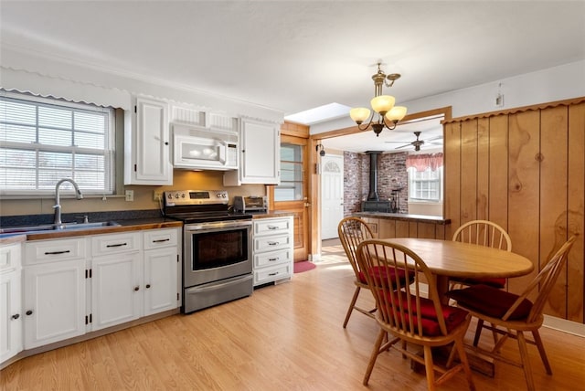 kitchen featuring white cabinets, light wood-type flooring, sink, and electric stove