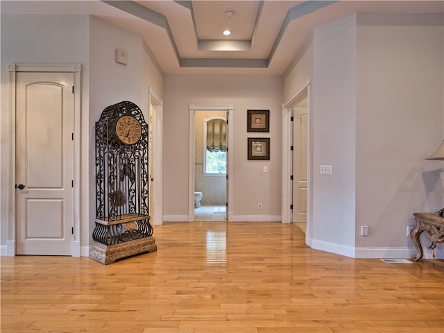 foyer with light wood-type flooring and a raised ceiling