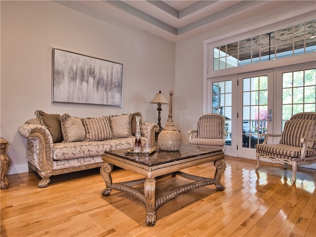 living room with french doors and light hardwood / wood-style floors