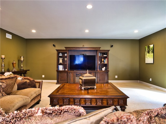 living room with light colored carpet