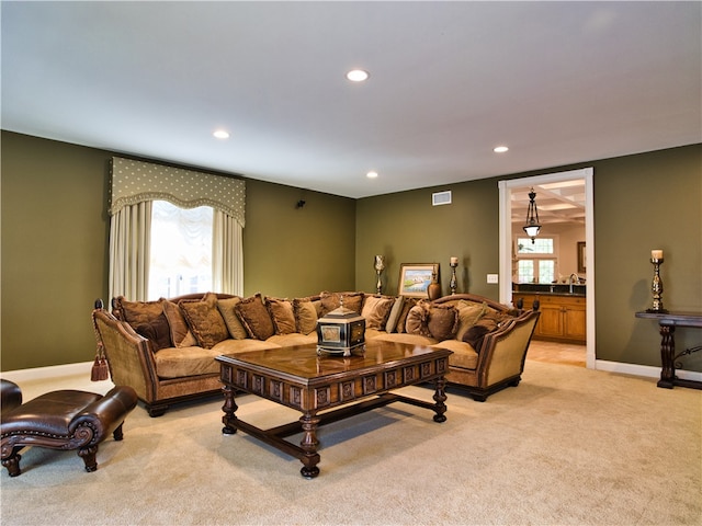 carpeted living room featuring a healthy amount of sunlight and sink