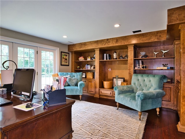 home office featuring dark hardwood / wood-style floors